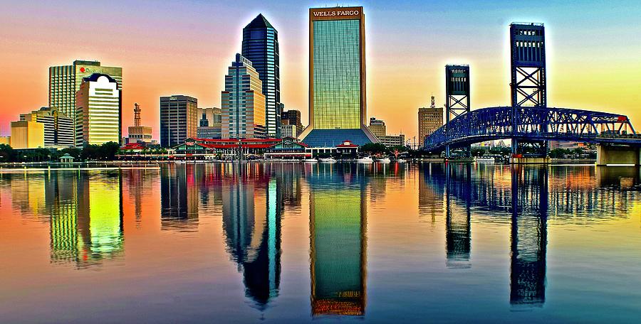 Jacksonville Photograph - Jacksonville Florida Alight and Aglow Panoramic View by Frozen in Time Fine Art Photography