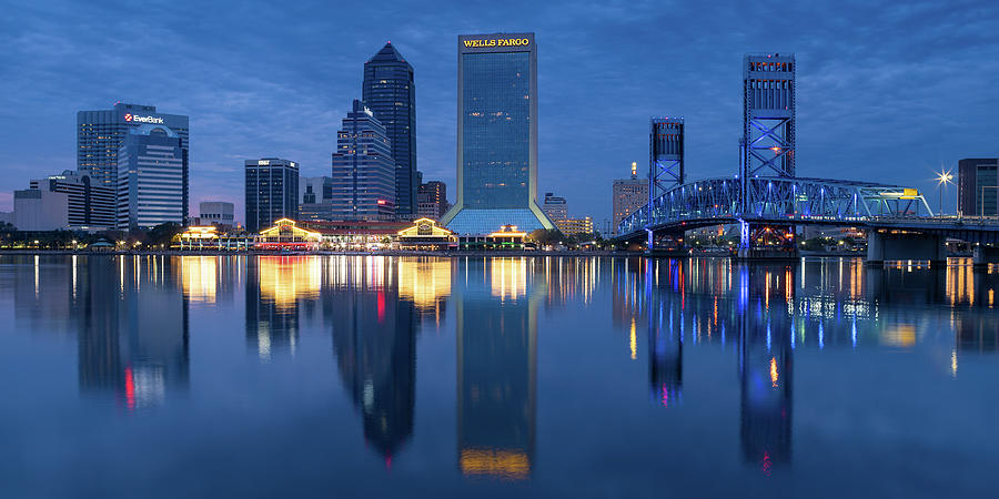 Jacksonville Skyline at Blue Hour Panorama Photograph by Dawna Moore Photography