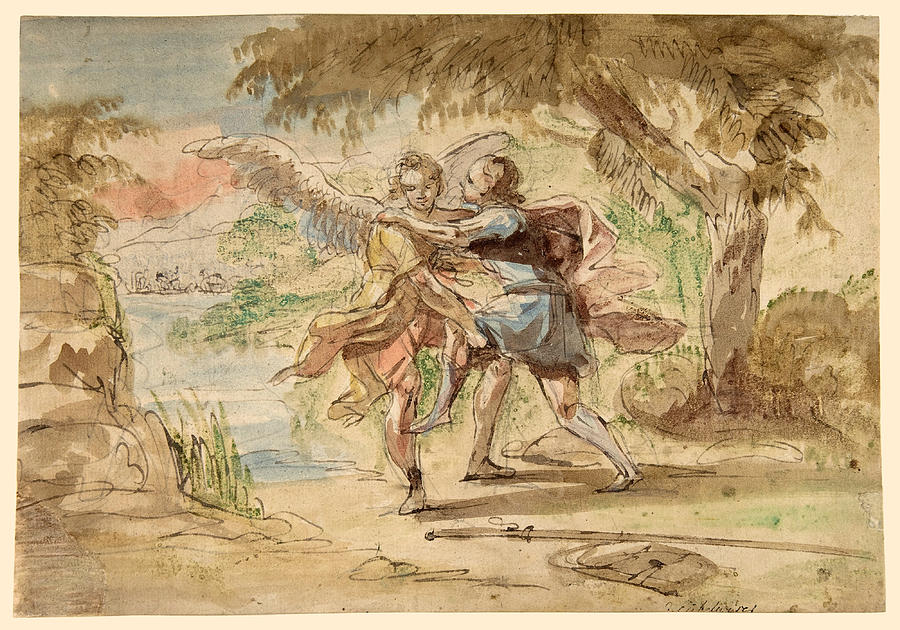 Jacob and the Angel Drawing by Johann Jacob Eybelwieser