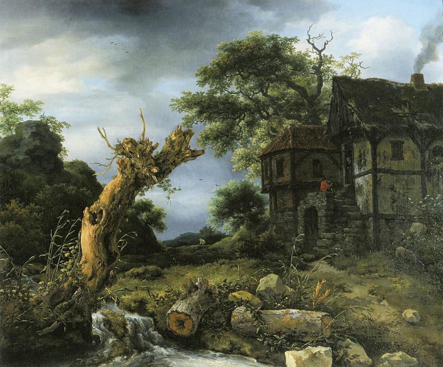 Jacob van Ruisdael - Landscape with a Half-Timbered House and a Blasted Tree Painting by Les Classics