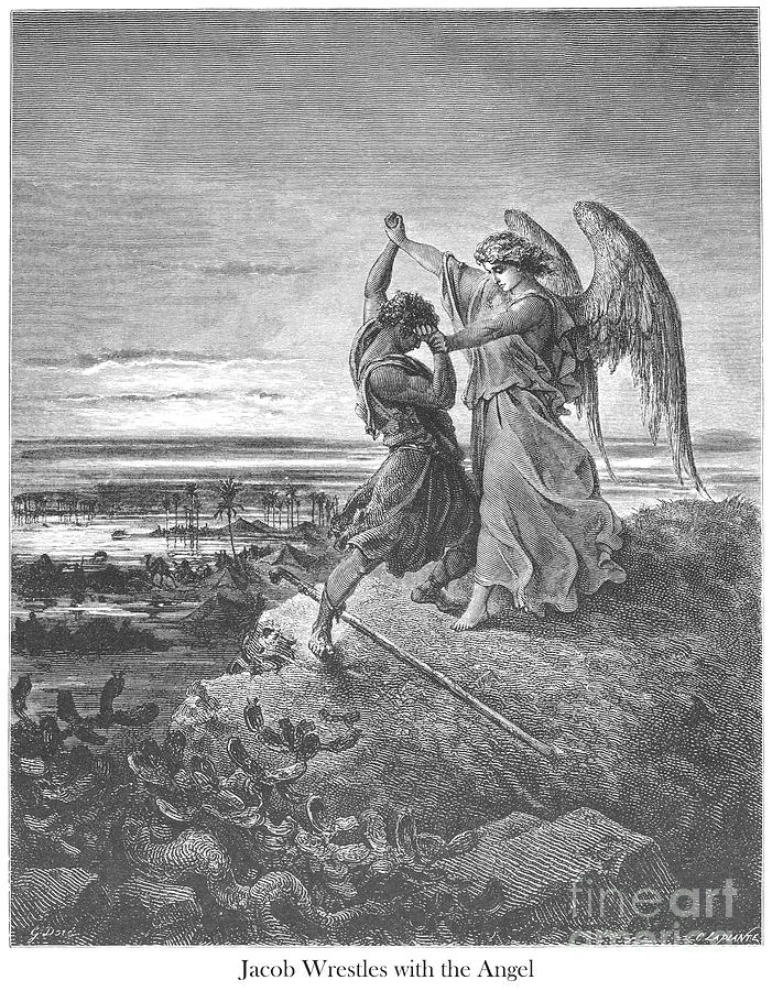 Jacob Wrestling with the Angel by Gustave Dore v1 Drawing by Historic illustrations