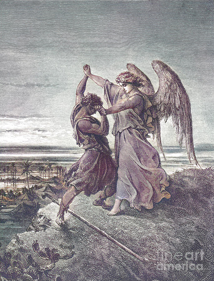 Jacob Wrestling with the Angel by Gustave Dore v2 Drawing by Historic illustrations