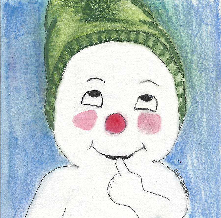 Jacques Frost Snowman with Rosy cheeks and a Green Toboggan  Painting by Ali Baucom
