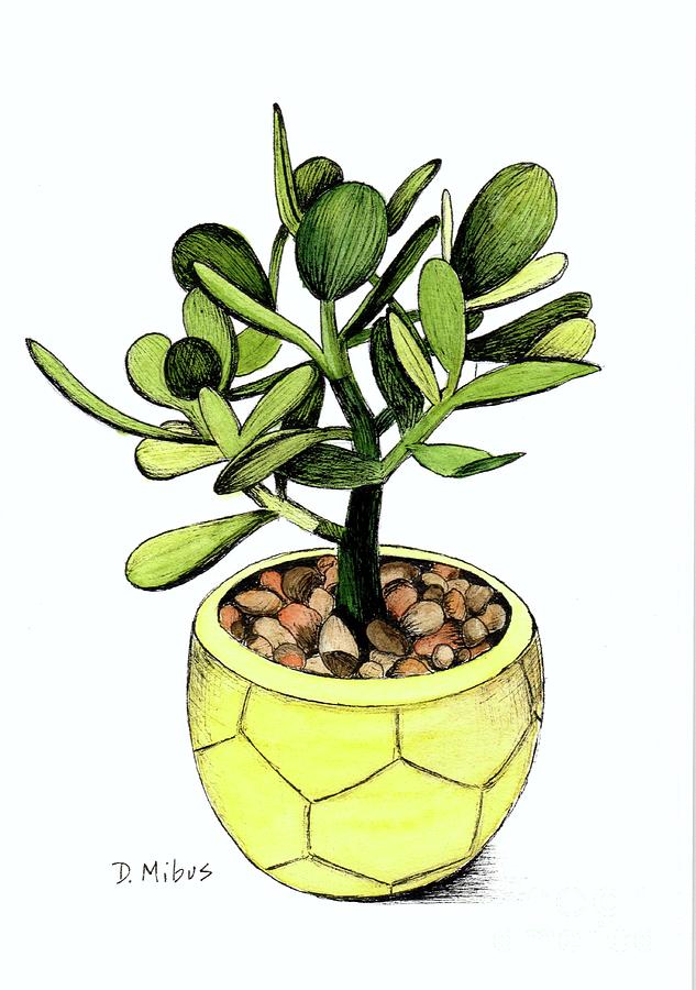 Jade Plant in Yellow Pot Watercolor Painting by Donna Mibus