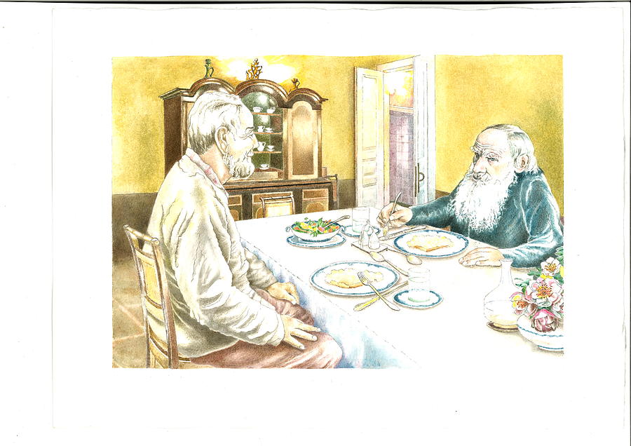 Jadhdhab visits Count Leo Tolstoy who is under house arrest. Painting by Sue Podger