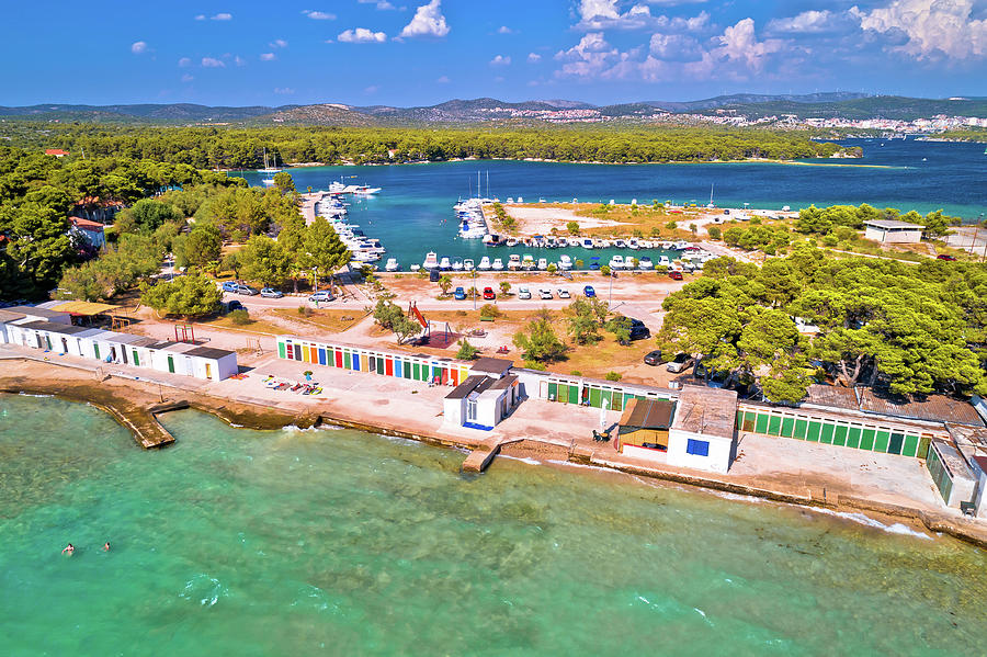 Jadrija beach and colorful cabins aerial view Photograph by Brch Photography