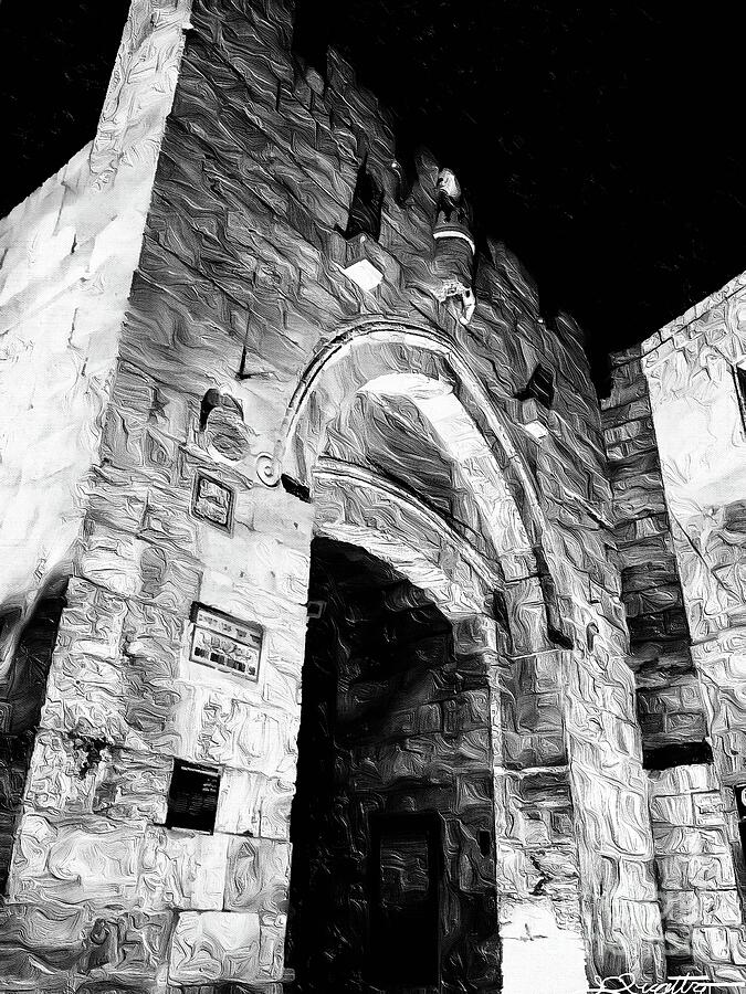 Jaffa Gate Night BW painting Mixed Media by Joseph Anthony Quattromini Jaffa Gate Night BW painting Mixed Media by Joseph Anthony Quattromini