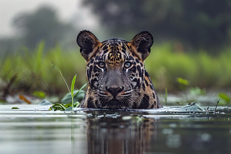 Wildlife Photograph - Jaguar emerging from water with intense gaze, surrounded by lush greenery in a natural habitat. by David Mohn