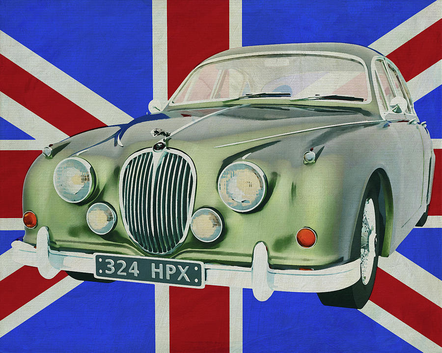 Jaguar MK-Sedan from 1963 in front of the British flag Painting by Jan Keteleer