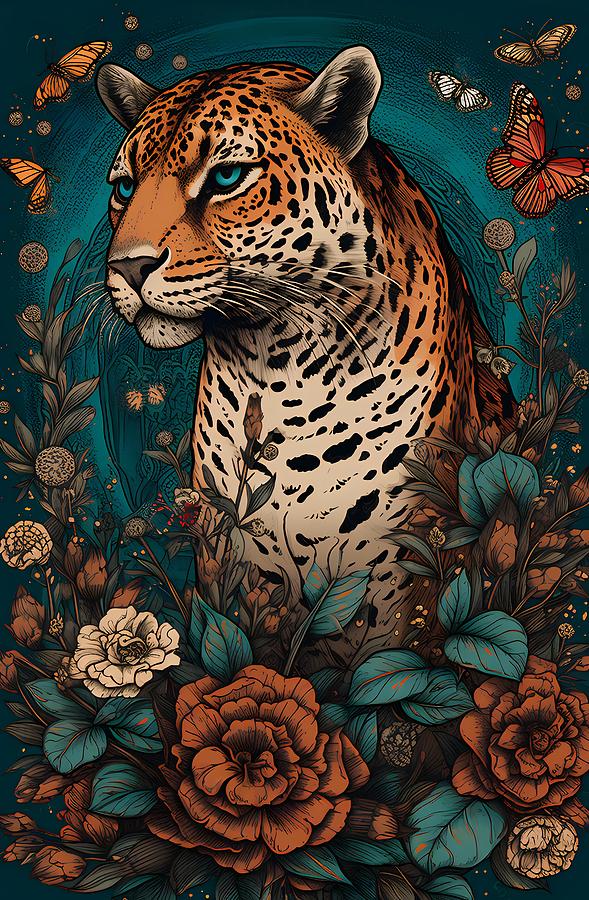 Jaguar With Butterflies And Flowers Digital Art by Owl Gallery - Fine