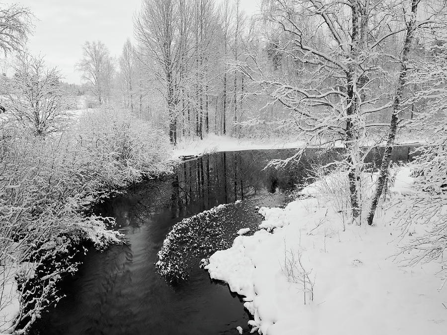 Jakama river. Parkkuu winter 2023  bw Photograph by Jouko Lehto