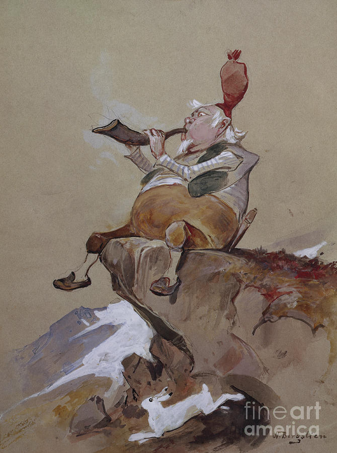 Jaktlur, hunt horn blower Painting by O Vaering by Nils Bergslien