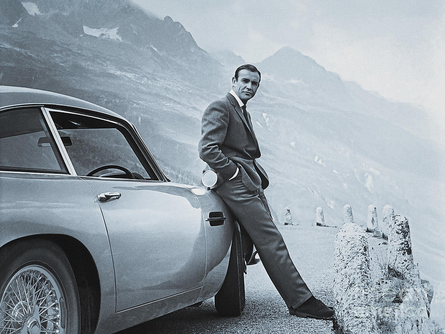 James Bond 007 with Aston Martin DB5 - Silver Print Painting by KulturArts Studio