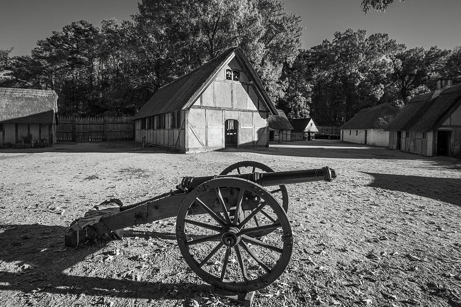 James Fort Cannon and Church - Oil Painting Style - Black and White Photograph by Rachel Morrison