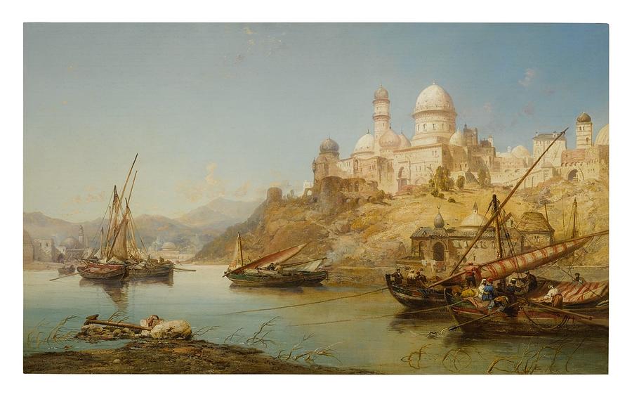 JAMES WEBB British 1825 - 1895 RIGGING BOATS IN AN EASTERN HARBOR Painting by Artistic Rifki