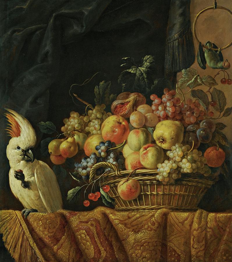 Jan Pauwel Gillemans II  Still Life Of Figs, Grapes, Apples And Other Fruit On A Table With A Parrot Painting