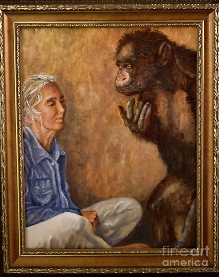 Jane Goodall and friend  Painting by Leland Castro