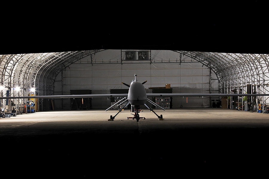 January 12, 2010 - An MQ-1C Sky Warrior unmanned aerial vehicle is parked in a hangar at Camp Taji, Iraq. Photograph by Stocktrek Images