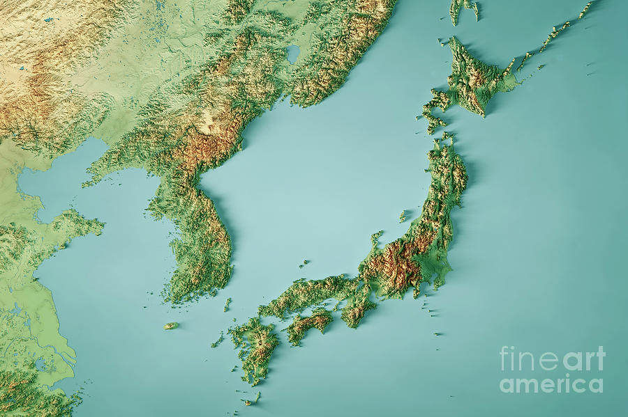 Japan Korea Topographic Map Horizontal 3d Render Color Digital Art By Frank Ramspott Pixels 7085