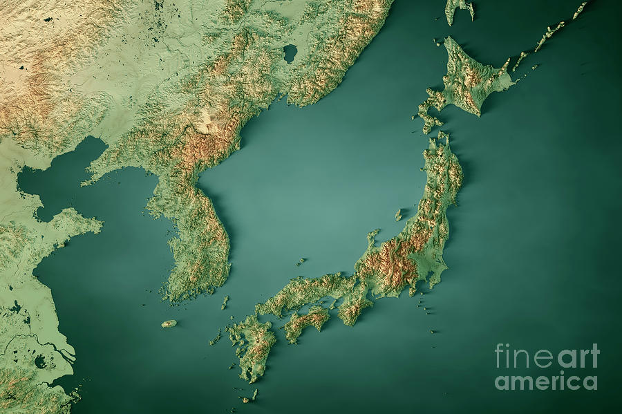Japan Korea Topographic Map Horizontal 3d Render Dark Ocean Colo Digital Art By Frank Ramspott 3945