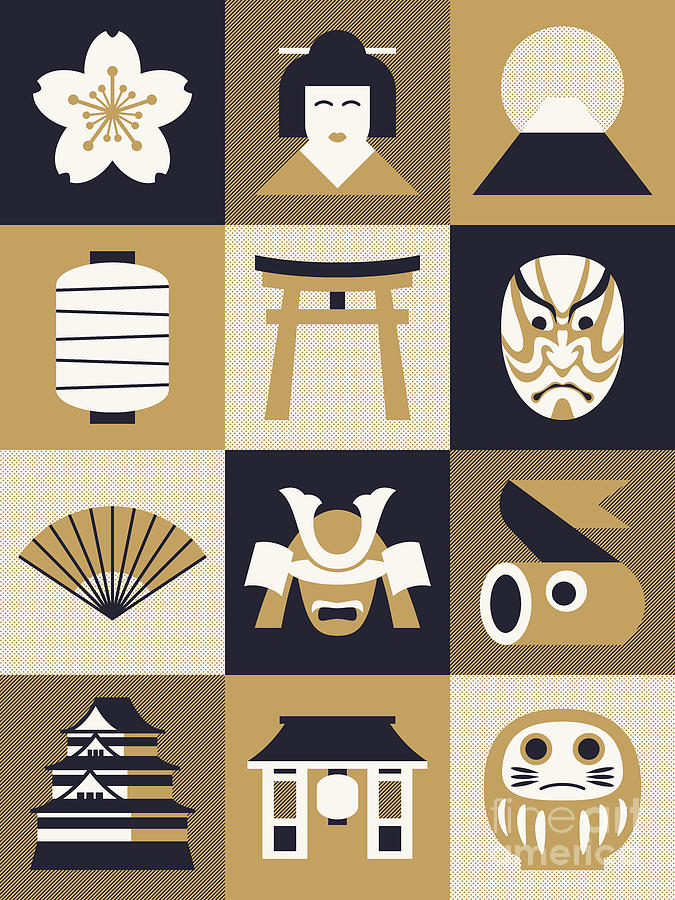 Japan Pattern - Mono Gold Digital Art by Organic Synthesis Japan Pattern - Mono Gold Digital Art by Organic Synthesis