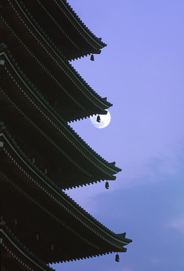 Japan, Tokyo, moon behind Asakusa temple Photograph by Grant Faint