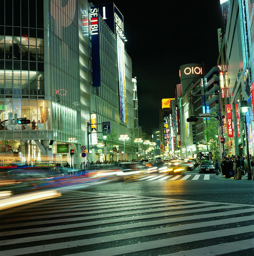 Japan, Tokyo, Shibuya District, night (long exposure) Photograph by Chad Baker/Jason Reed/Ryan McVay