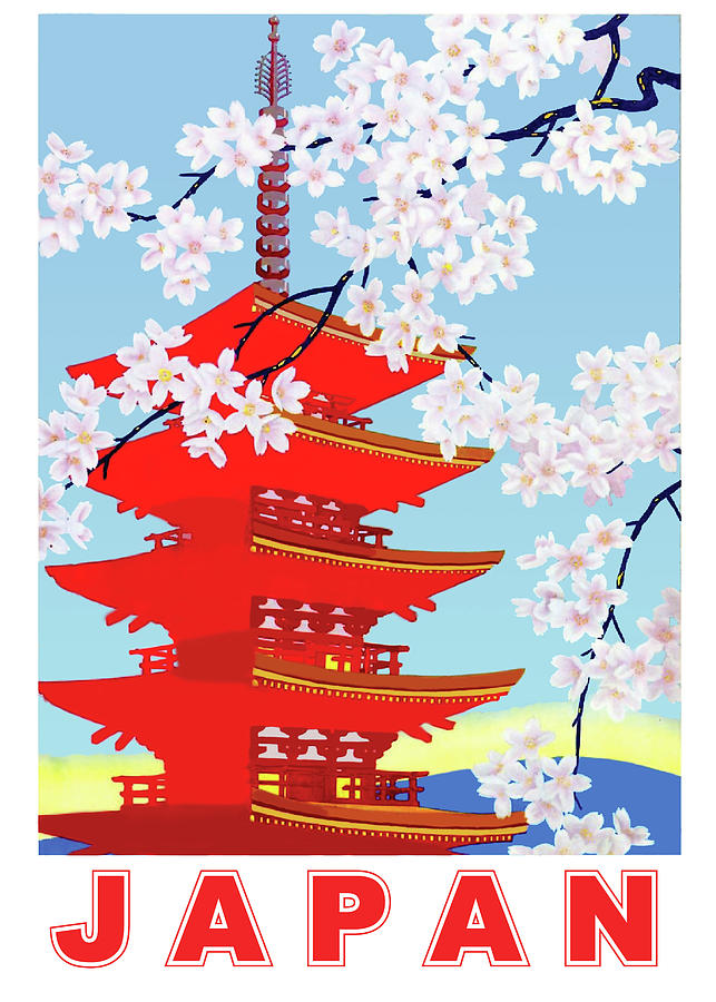 Japan, traditional temple, vintage travel poster Painting by Long Shot