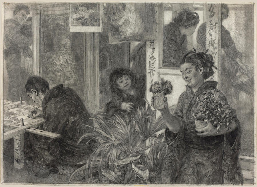 Japanese Artist at Work Drawing by Adolph von Menzel