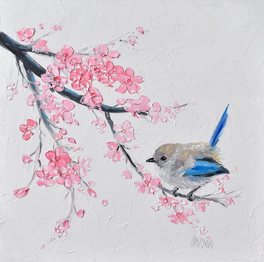 Japanese cherry blossom and fairy wren - native bird painting Painting by Jan Matson Japanese cherry blossom and fairy wren - native bird painting Painting by Jan Matson