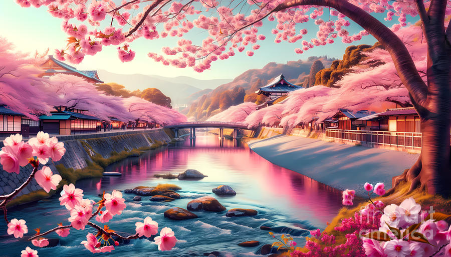 Spring Digital Art - Japanese Cherry Blossoms, A serene scene of cherry blossoms along a river in Kyoto by Jeff Creation