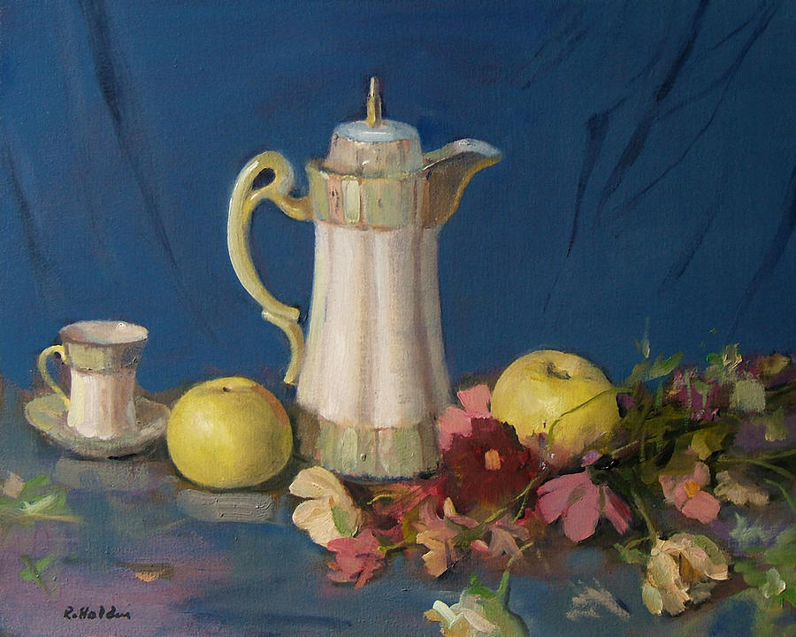 Japanese Chocolate Pot, Apples and Cosmos Painting by Robert Holden ...