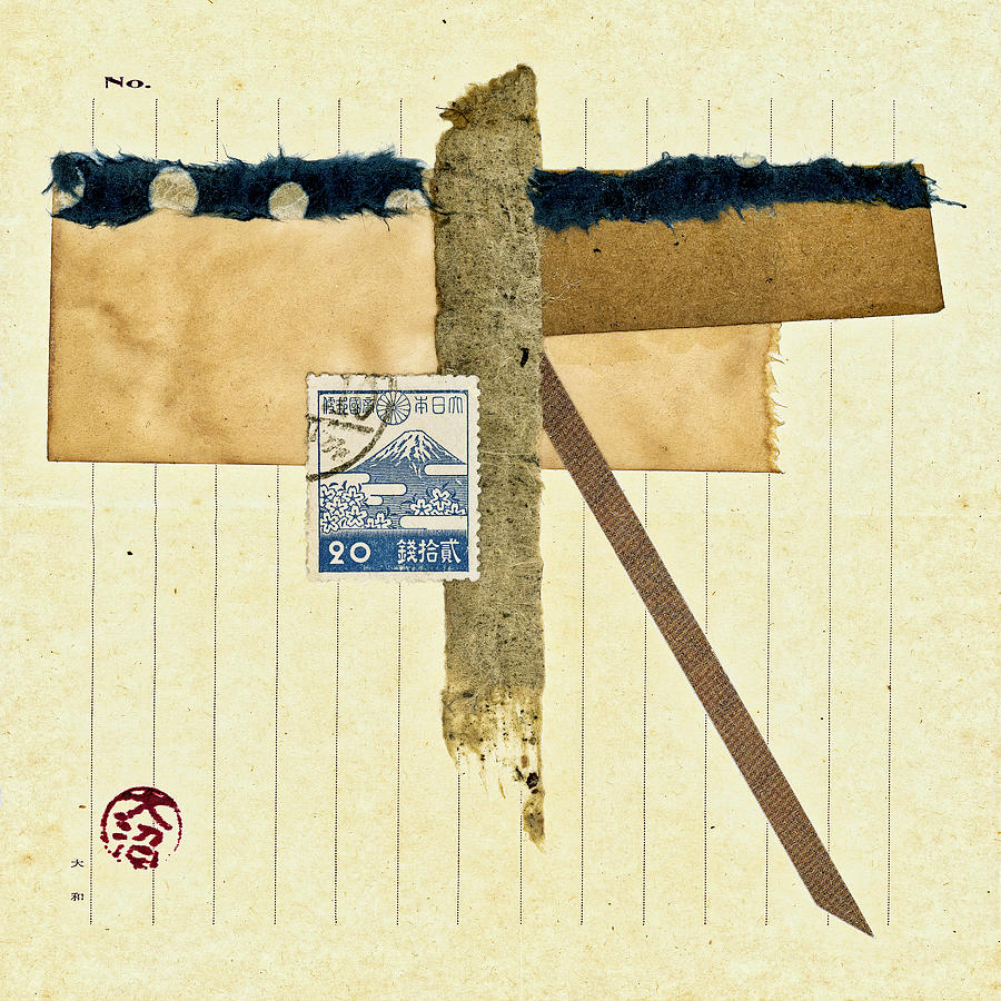 Postage Mixed Media - Japanese Collage Featuring Mt Fuji Postage Stamp by Carol Leigh