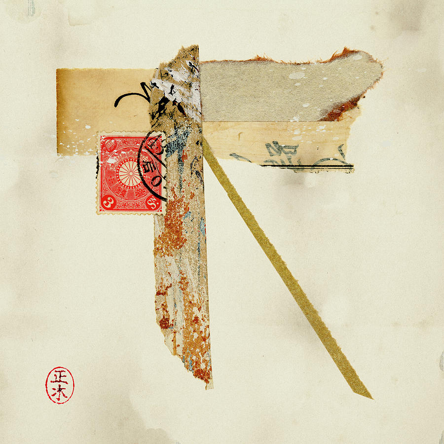Japanese Collage Featuring Red Postage Stamp Mixed Media by Carol Leigh