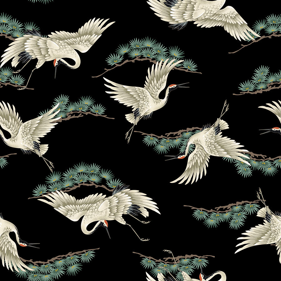 Japanese crane and leaves pattern Mixed Media by Julien - Fine Art America