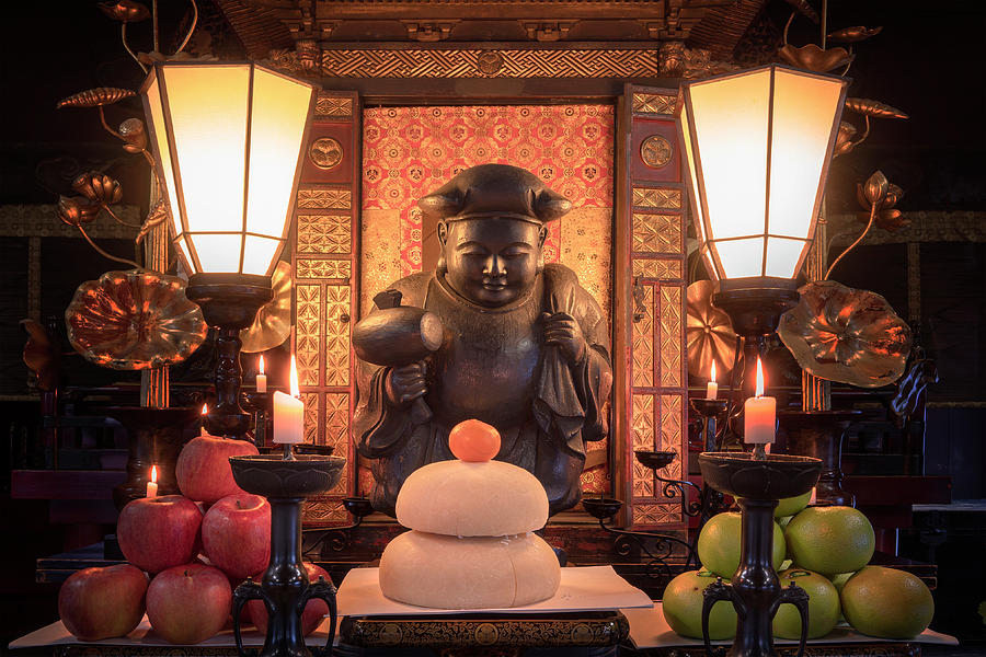 Japanese Daikokuten god with new year's offerings in Japan. Photograph ...