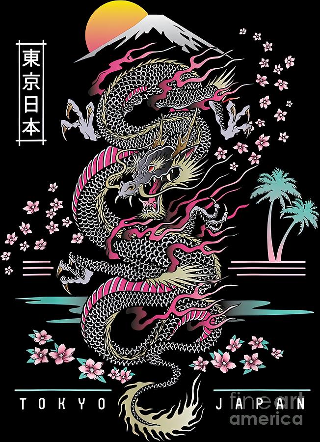 Japanese Dragon Asian Neon retro 80s style Painting by Lee Jasmine - Pixels