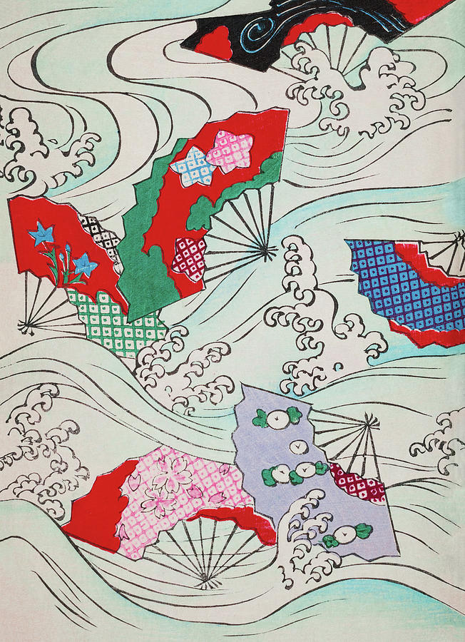 Japanese Fans on Waves Vintage Pattern Drawing by Timeless Gallery ...