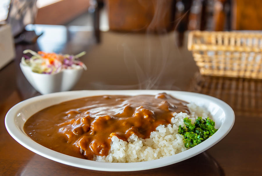 Japanese food beef curry with Japanese rice. Photograph by Torjrtrx