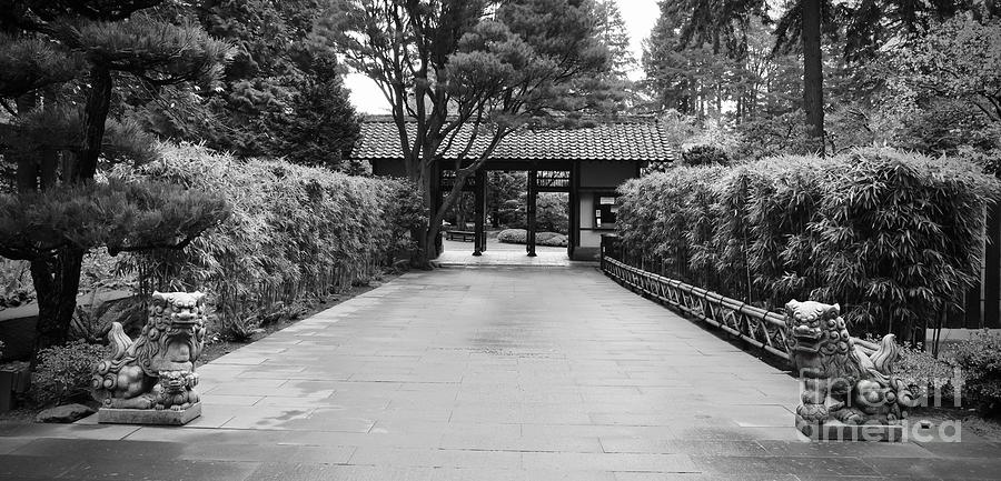 Japanese Garden Gate Welcome Black and White Photograph by Carol Groenen