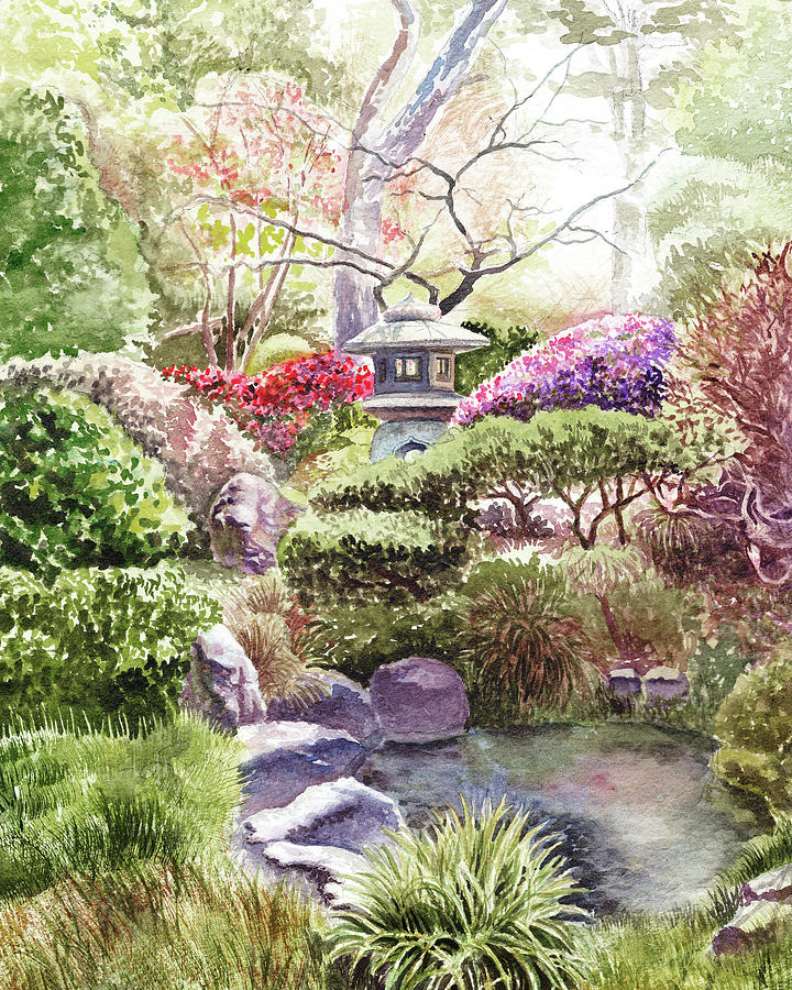 Japanese Garden With Pagoda Pond Pink Blossoms Watercolor Painting by Irina Sztukowski