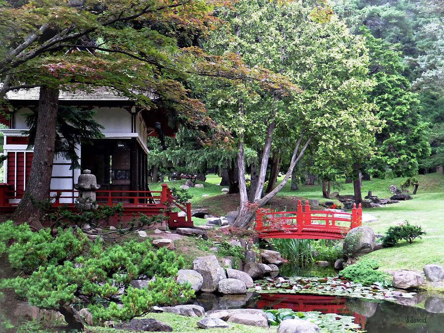 Japanese Garden With Red Bridge Photograph by Susan Savad