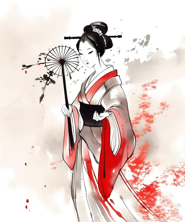 Japanese Geisha in Kimono Sumie painting Digital Art by Kizmethat ...