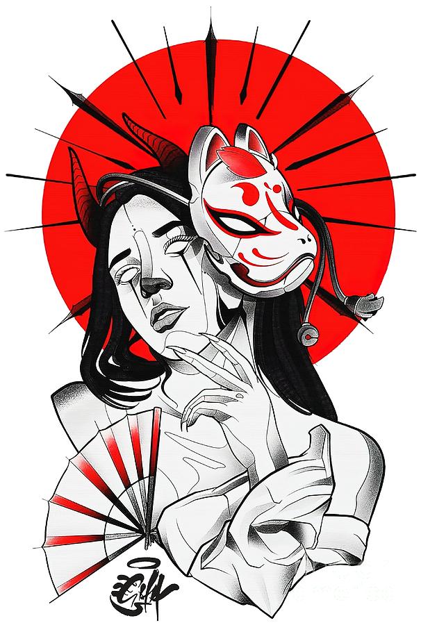 Japanese Geisha Samurai Fox Mask Red Sun Painting by Lewis James | Fine ...