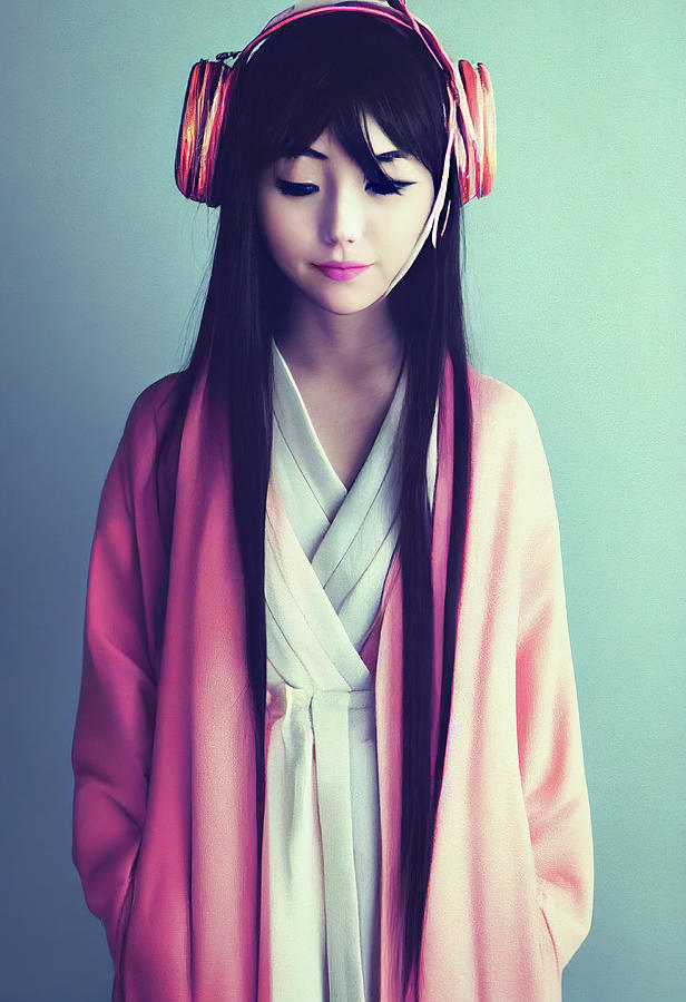 Japanese Girl wearing Headphones Digital Art by Matthias Hauser