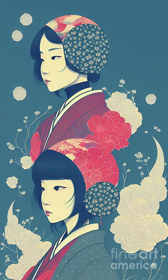 Japanese Girls with Hats Digital Art by Julie Kaplan - Fine Art America