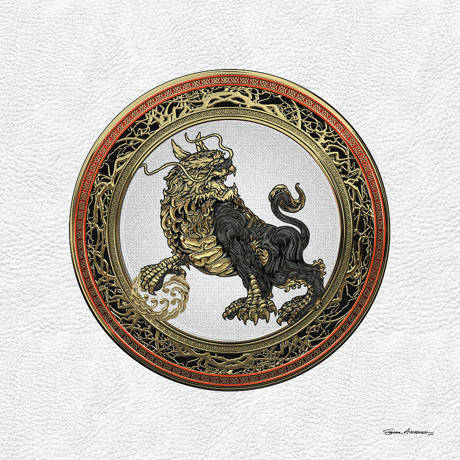 Japanese Guardian Lion-Dog Komainu over Gold and White Medallion on White Leather  Digital Art by Serge Averbukh