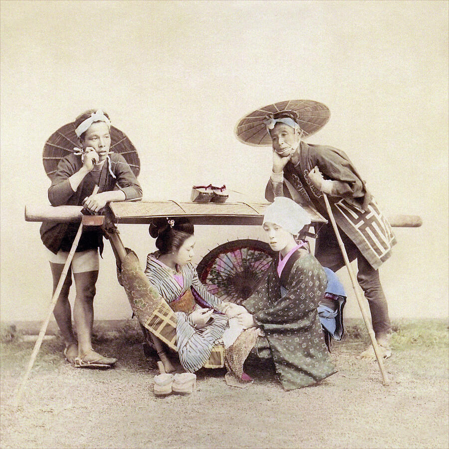 Japanese Hand Colored Photography - Two Young Women in a Sedan Chair ...