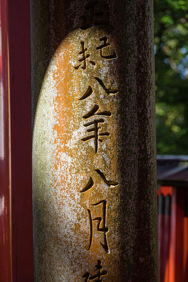 Landmark Photograph - Japanese Kanji carved into stone column by David L Moore
