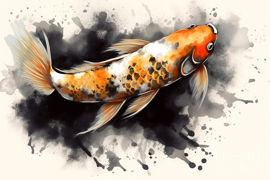 Koi Painting - Japanese koi fish painting watercolor orange, black and gold on  by N Akkash